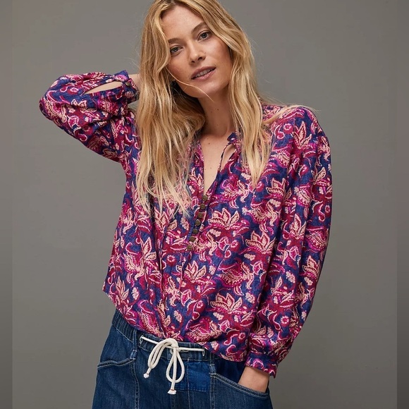 Pilcro Anthropologie Lucille Peasant Blouse Paisley Long Sleeve Boho Top Size S - Picture 1 of 10